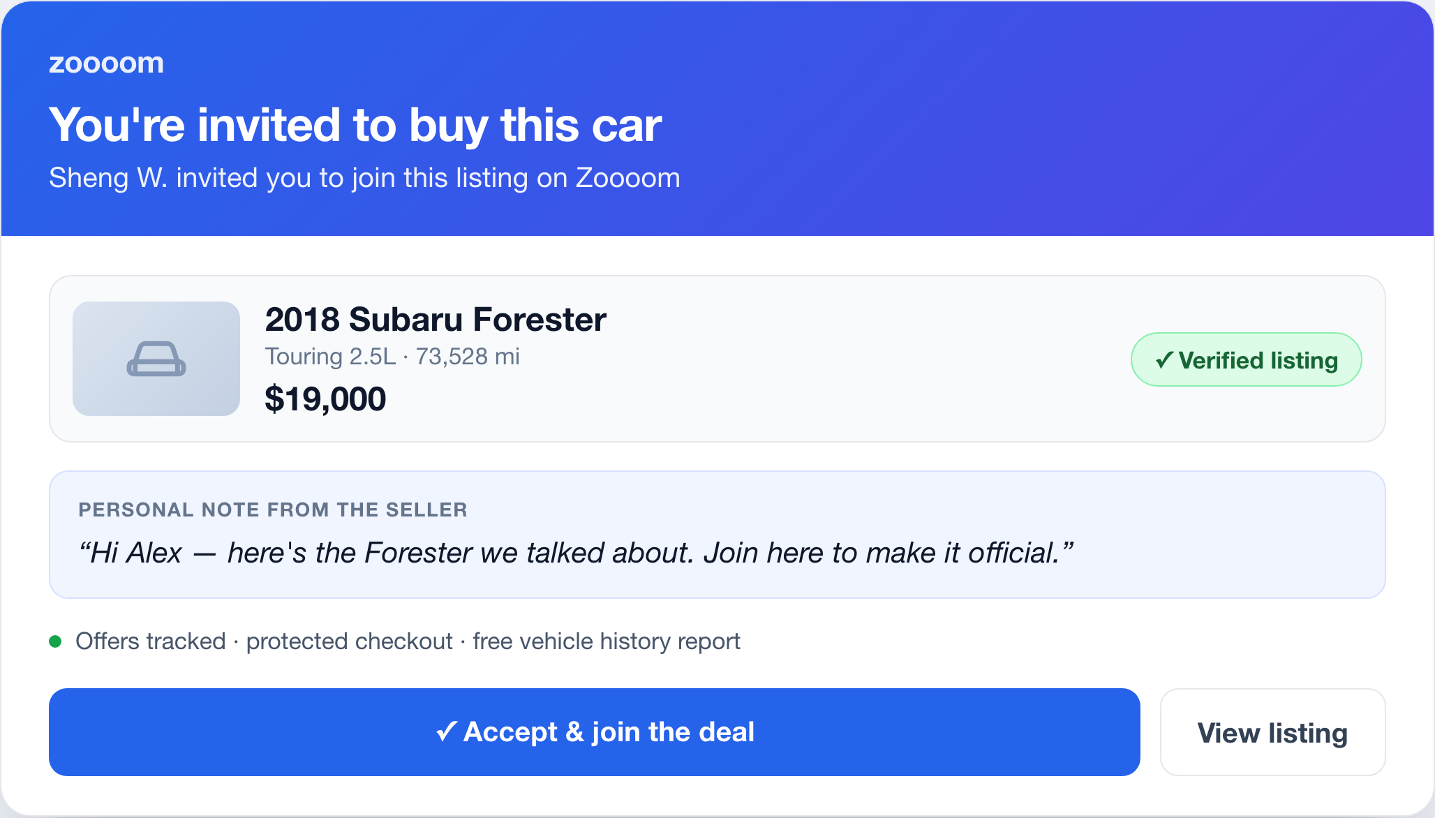 The invited buyer's landing page: a preview of the listing, the seller's personal note, and an Accept and join the deal button.