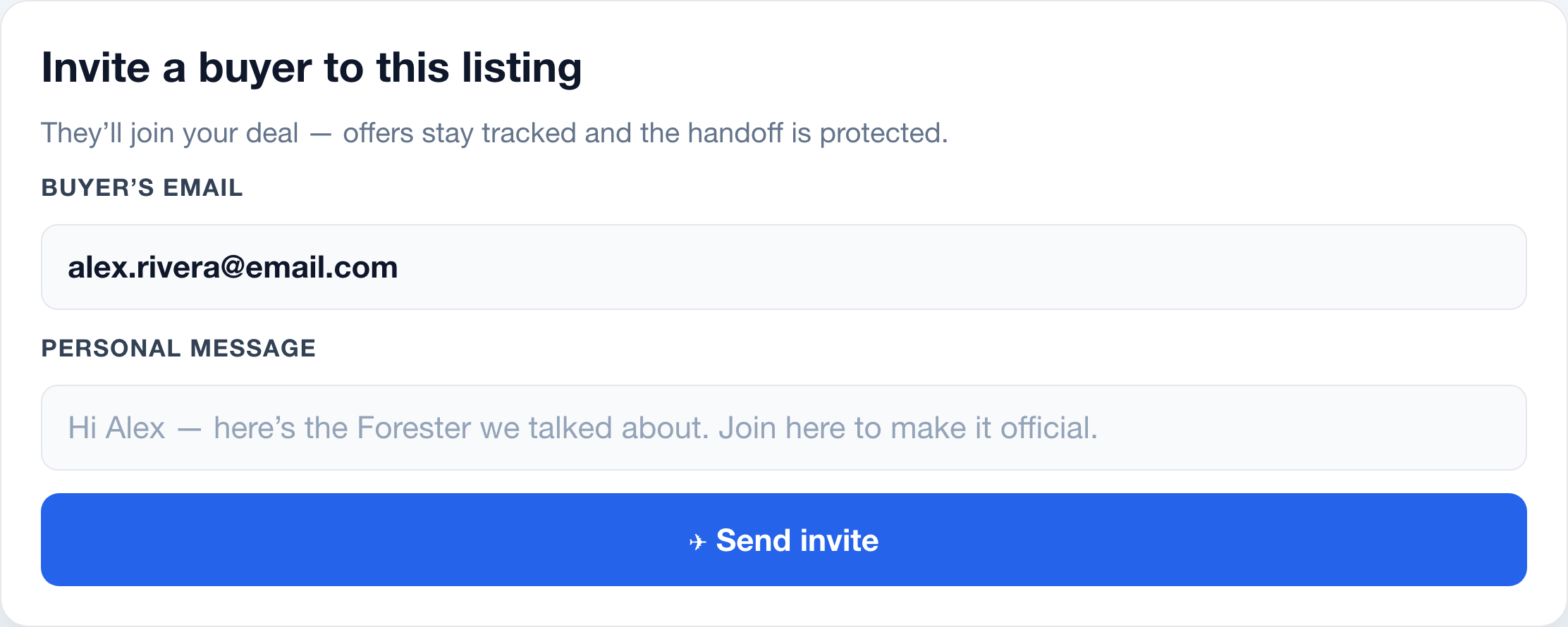 The Invite Buyer panel: enter the buyer's email, add a personal message, and send the invite to your listing.