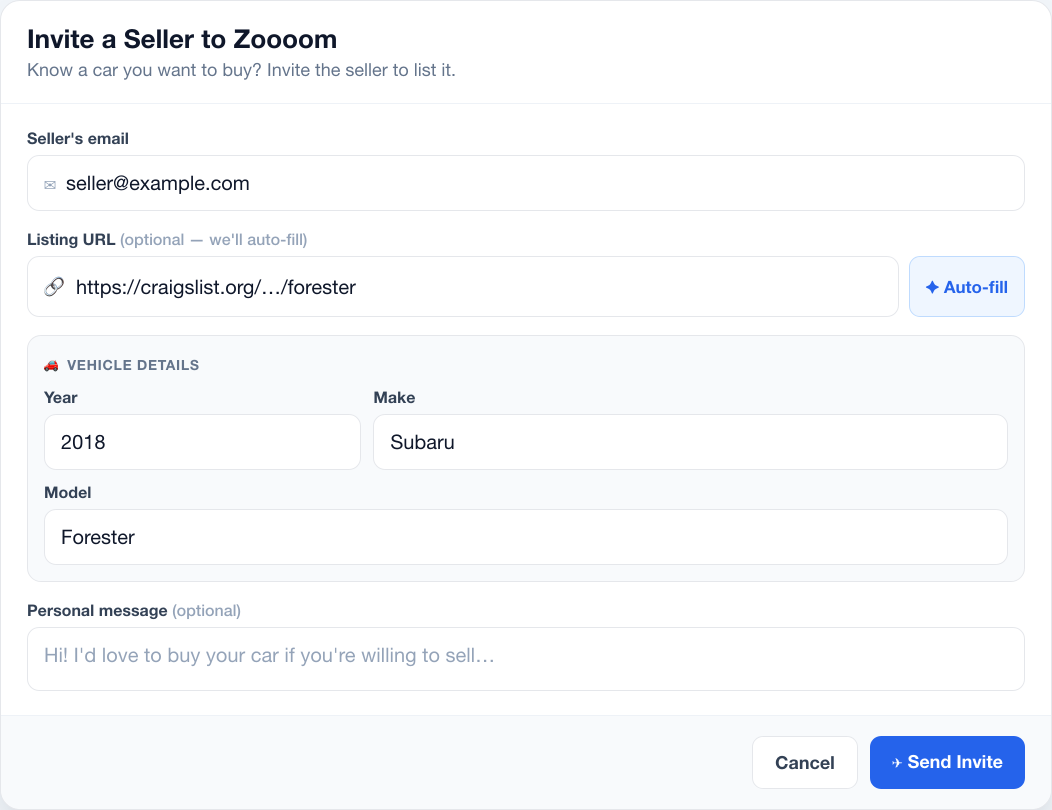 The Invite Seller panel: enter the seller's email, an optional listing URL to auto-fill, the vehicle details, and a personal note.