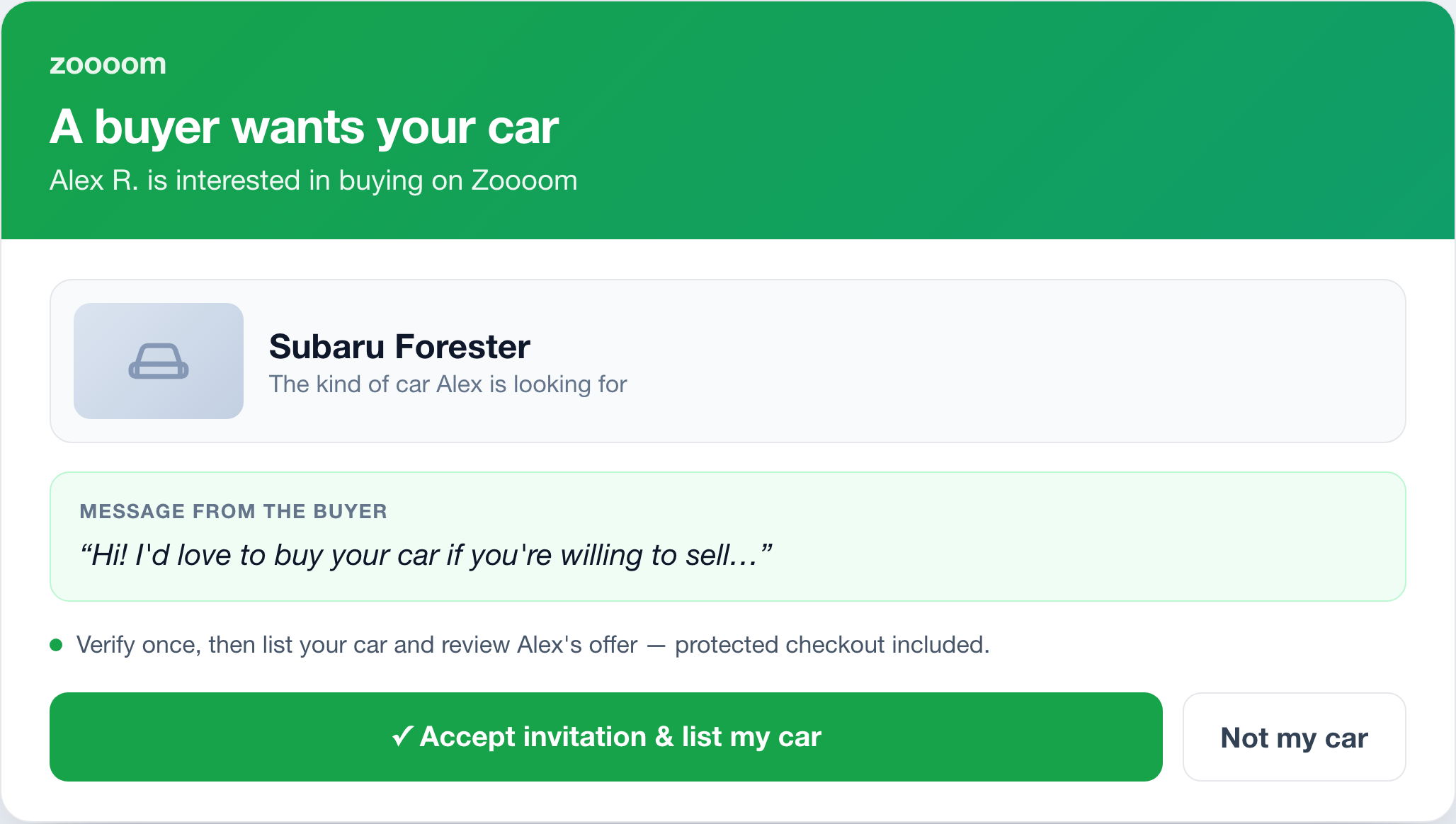 The invited seller's landing page: a buyer is interested, the vehicle hint and the buyer's message, and an Accept invitation and list my car button.